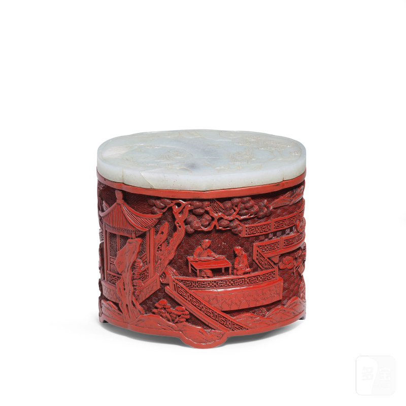 二十世紀 剔紅嬰戲圖筆筒配玉蓋 | A CINNABAR LACQUER BRUSHPOT AND A JADE COVER
